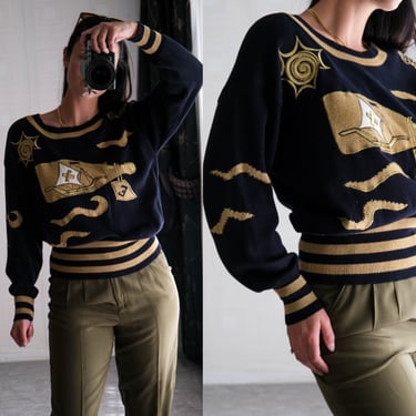 Vintage 80s ESCADA Black & Gold Embroidered Nautical Ship Cotton Knit Sweater | Made in W. Germany | 1980s ESCADA Designer Crew Neck Sweater 