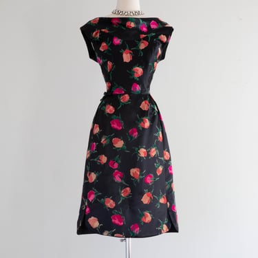 Elegant 1950's Black Silk Floral Print Cocktail Dress / Small