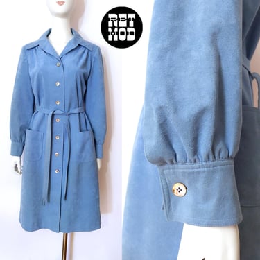 Iconic Vintage 70s 80s Light Blue Ultra Suede Shirt Dress with Pockets 