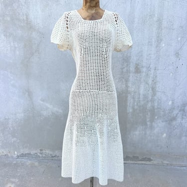 Vintage 1930s White Cotton Knit Dress Fish Net Hourglass Fit Nautical Sportswear
