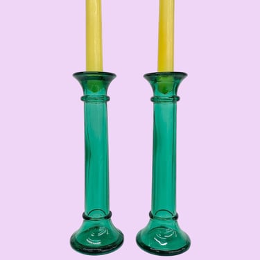 Vintage Candlestick Holders Retro 1990s Contemporary + Turquoise + Glass + See-Through + Set of 2 + Candle Display + Mood Lighting + Decor 