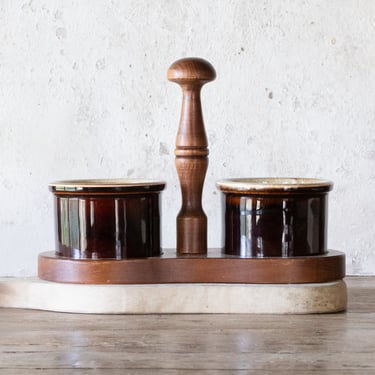Condiment Caddy, Vintage Wood and Ceramic Relish Server 