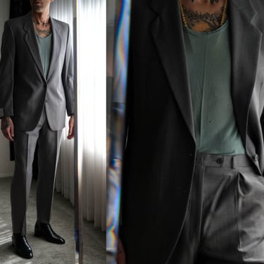 Vintage 80s Yves Saint Laurent Gray Crosshatch & Cerulean Pinstripe Gabardine Suit Unworn w/ Tags | Made in France | 1980s YSL Designer Suit 