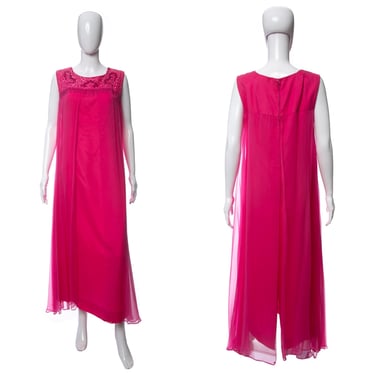 1960's Pink Maxi Chiffon Bead and Sequin Detail Sleeveless Dress Size M