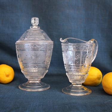 Antique EAPG Glass Willow Oak Wreath Cream Pitcher and Sugar Bowl Early American Pattern Glass 