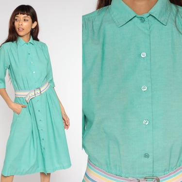 80s Shirtdress Day Dress 1980s Midi Dress Green Dress Button Up Mint Shirtwaist Pleated High Waist Vintage 3/4 Sleeve Retro Medium 8 Petite 
