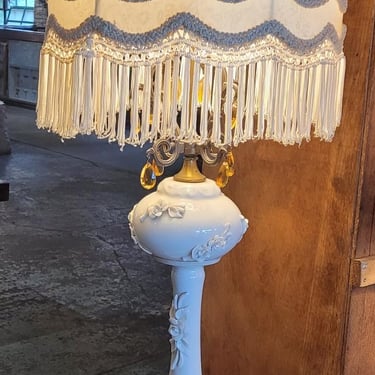 White Porcelain Floor Lamp w/Fringe Shade &#038; Amber Prisms