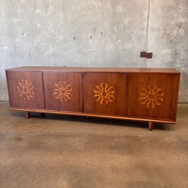 Vintage 60s/70s Cal-Mode Sun Inlaid 4 Bay Walnut Credenza