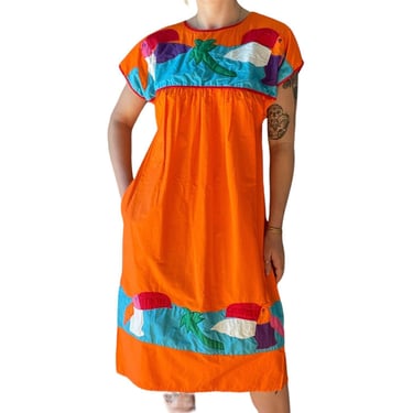 Vintage 1970s Womens Parrot Toucan Patch Novelty Cotton Orange Midi Dress Sz M 