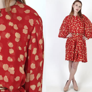 Neiman Marcus Red Silk Dress, Vintage 80s Puff Sleeve Flouncy Balloon Print, Loose Fitting Casual Designer Cocktail Mini Dress 
