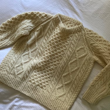 80s Aran handknit fisherman sweater / vintage ivory wool hand knit Irish fishermen's cable knit Donegal Aran oversized sweater | Medium 