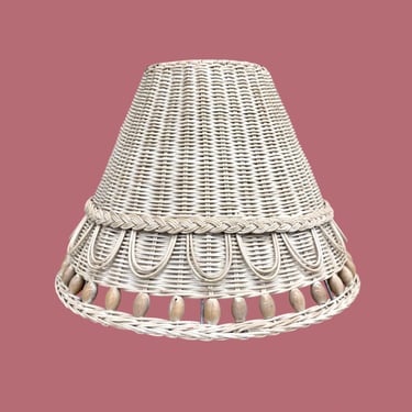 Vintage Lamp Shade Retro 1980s Bohemian + Off White + Wicker + Rattan + Wood Beads + Empire + Medium Size + Mood Lighting + Home Decor 