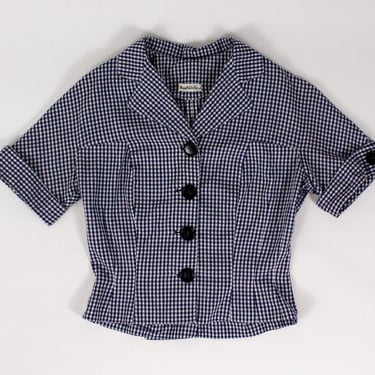 1950s Marshall Field Co Gingham Blouse / Fitted / Pin Up / Cropped / Oversize Buttons / Blue and White / Small / 50s / Cap Sleeve / S 