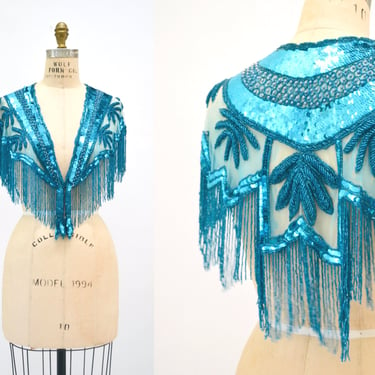90s Vintage Turquoise Blue Beaded Fringe Shawl Wrap Burlesque Wedding Flapper Blue Metallic Beaded Vintage Fringe Collar Showgirl  Tan-Chho 