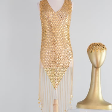 RARE Late 1960's Paco Rabanne Gold Chainmail Mini Dress And Headpiece / SM