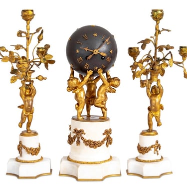 Louis XVI Style Bronze and Marble Clock Set, 3