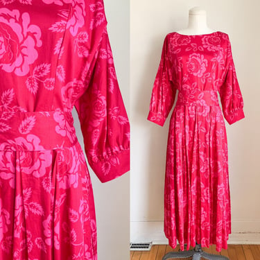 Vintage 1980s Laura Ashley Pink Rose Print Dress / M 