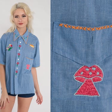 Embroidered Chambray Shirt 70s Button Up Top Floral Mushroom Parrot Sun Palm Tree Embroidery Blouse Blue Hippie Vintage 1970s Extra Large xl 