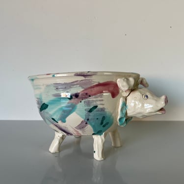 80's Vintage Pig - Shape Artistic Pottery Bowl , Signed 