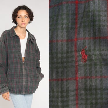 Plaid Polo Jacket 90s Corduroy Windbreaker Ralph Lauren Zip Up Jacket Retro Preppy Golf Streetwear Grey Vintage 1990s Mens Extra Large xl 