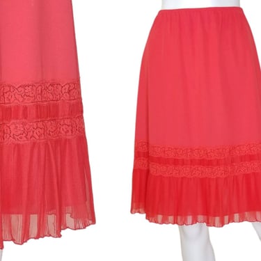 Vintage Red Lace and Chiffon Half Slip, Small / 1960s Pinup Style Crystal Pleated Nylon and Chiffon Skirt Slip 