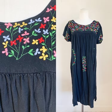 Vintage 1970s Black & Rainbow Floral Gauze Dress / L 