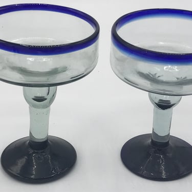 Pretty Pair (2) Handmade Blown Mexican Margarita Glass Blue Rim 