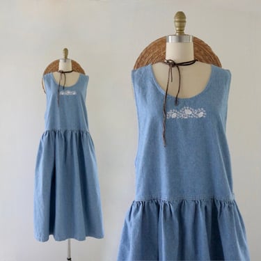 embroidered denim jumper dress - m - vintage blue jean floral cute cottage cottagecore size medium womens 90s y2k maxi 