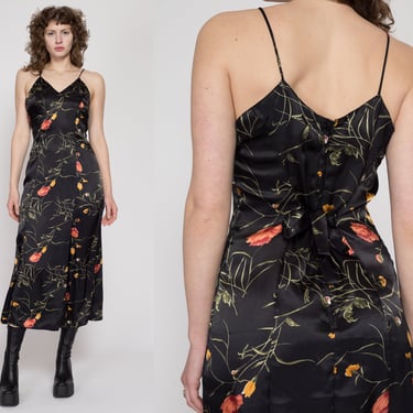 Medium 90s Black Floral Maxi Slip Dress | Vintage Satin Negligee Nightgown Slinky Sundress 