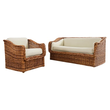 Michael Taylor Style Wicker Rattan Settee and Armchair