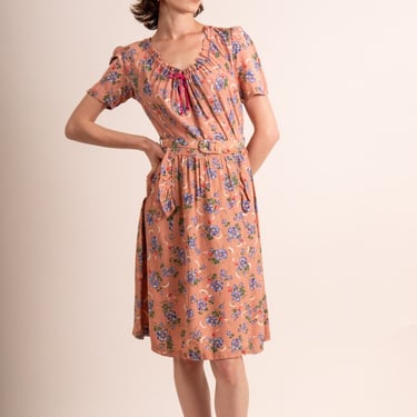 Vintage 1930s peach floral print puffed sleeve day dress / S M 