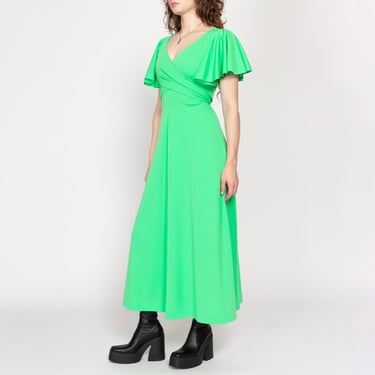 XS 70s Bright Green Flutter Sleeve Party Gown | Vintage Formal Empire Waist Tie Back Maxi Disco Dress 