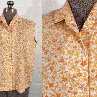 Vintage Floral Shirt White Peach Orange Top 70s Collar Button Up Front 1970s Summer Sleeveless Boxy S. S. Kresge Kmart Large 