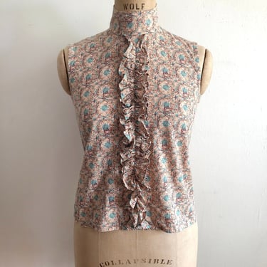 Abstract Print Sleeveless Blouse with Ruffle - 1960s 