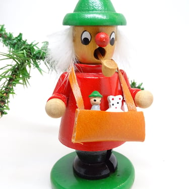 Vintage German Toy Vender Smoker Incense Burner, Hand Painted Wood Merchant for Christmas, Erzgebirge Germany 