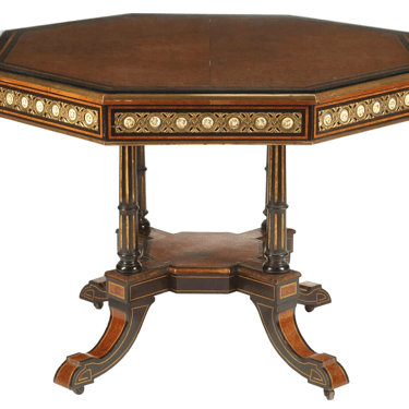 Table, Center, Burlwood &amp; Parcel, Ebonized, Octagonal, Vintage / Antique, 20th C