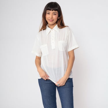 Vintage White Polo Shirt 70s 80s Semi-Sheer Button Up Shirt Short Sleeve Retro Plain Collar 1980s Medium Large 