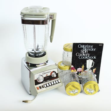 Vintage 70's Osterizer Blender - Chrome & Avocado - With 5 Mini Blend Jars - Blade Replaced 
