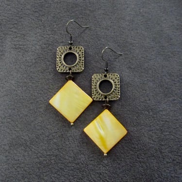 Yellow mother of pearl shell and antique bronze earrings 