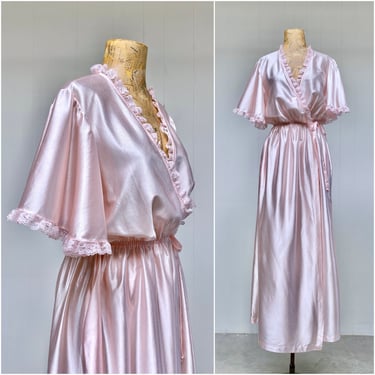 Vintage 1970s Pink Semi Wrap Dressing Gown, '70s does '30s Old Hollywood Style, Satin Maxi Robe with Flutter Sleeves, Val Mode, Medium 