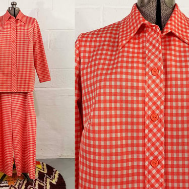 Vintage Red Plaid Mod Pantsuit Jacket Dagger Collar Long Sleeve Pants Separates Sears Tops Minx TV Movie Costume Curvy Plus Volup XL XXL 