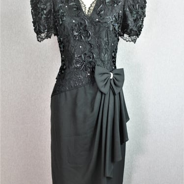 1980's , Puff Sleeve, Crystal, Lace, Black Cocktail Dress, by Leslie Fay , Marked size 12 