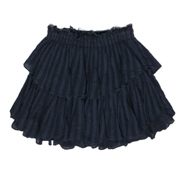 LoveShackFancy - Navy &amp; Black Plaid Tiered Frayed Cotton Miniskirt Sz XS