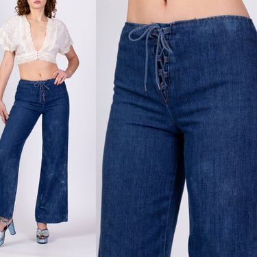 70s Lace Up Flared Jeans - Small | Vintage Corseted Boho Mid Rise Denim Pants 