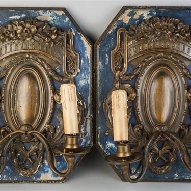Louis XVI-Style Neoclassical 2-Light Painted Parcel Gilt Bronze Sconces (pair)