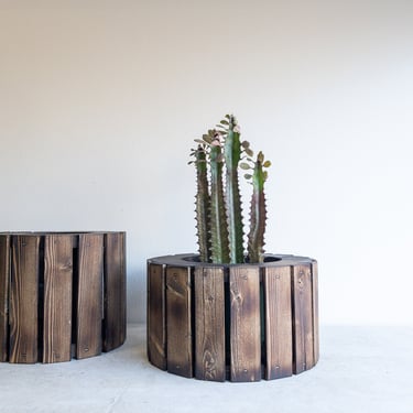 Rustic Planter Short Round Wood Planter Wooden Lathe Wood Strips 6 inch 4 inch Indoor Outdoor Herbs Cacti Modern Rustic 