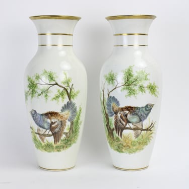 Pair Antique Hand Painted Porcelain Mantle Vases with Birds Blue Quail 