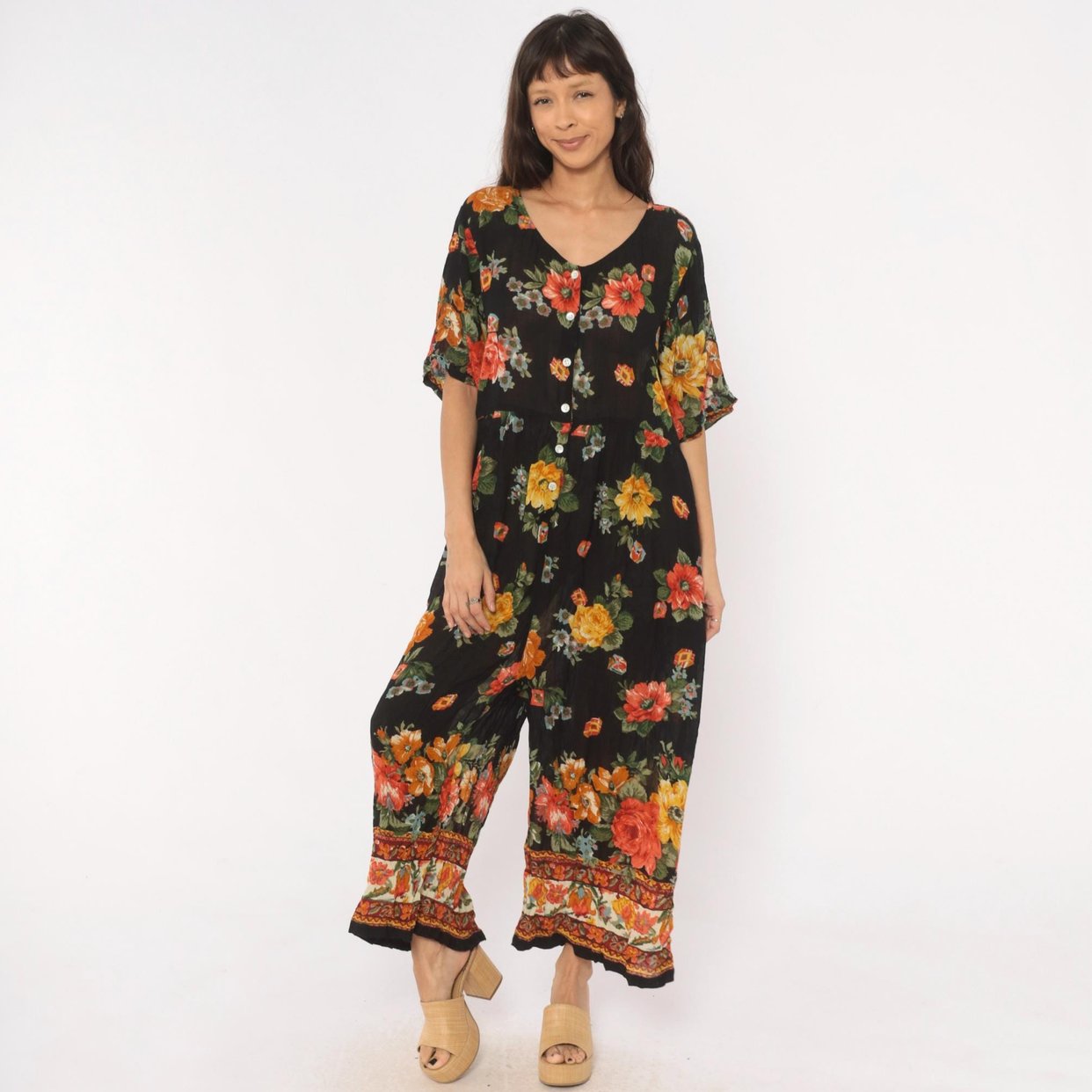 90s Floral Jumpsuit Black Rose Wide Leg Button | Shop Exile