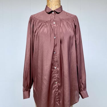 Vintage 1970s Cocoa Brown Poet Blouse, 70s Boho Ruched Yoke Silky Polyester Tunic Top, Medium, VFG 