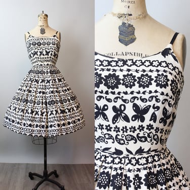 1950s cotton PIQUE BUTTERFLY print dress xs | new spring 